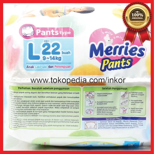 Gambar MERRIES PANTS L 9 14 KG POPOK BAYI KERING NYAMAN LEMBUT 22PCS (2)