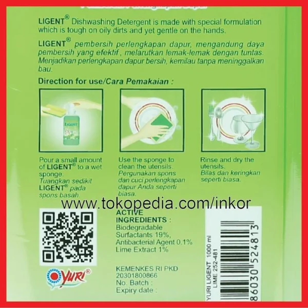 Gambar YURI LIGENT DISHWASHING PEMBERSIH PERLENGKAPAN DAPUR LIME BOTOL 1000ML (4)