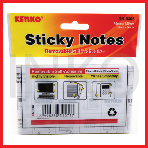 KENKO STICKY NOTES 75MMX125MM 100SHEETS YELLOW